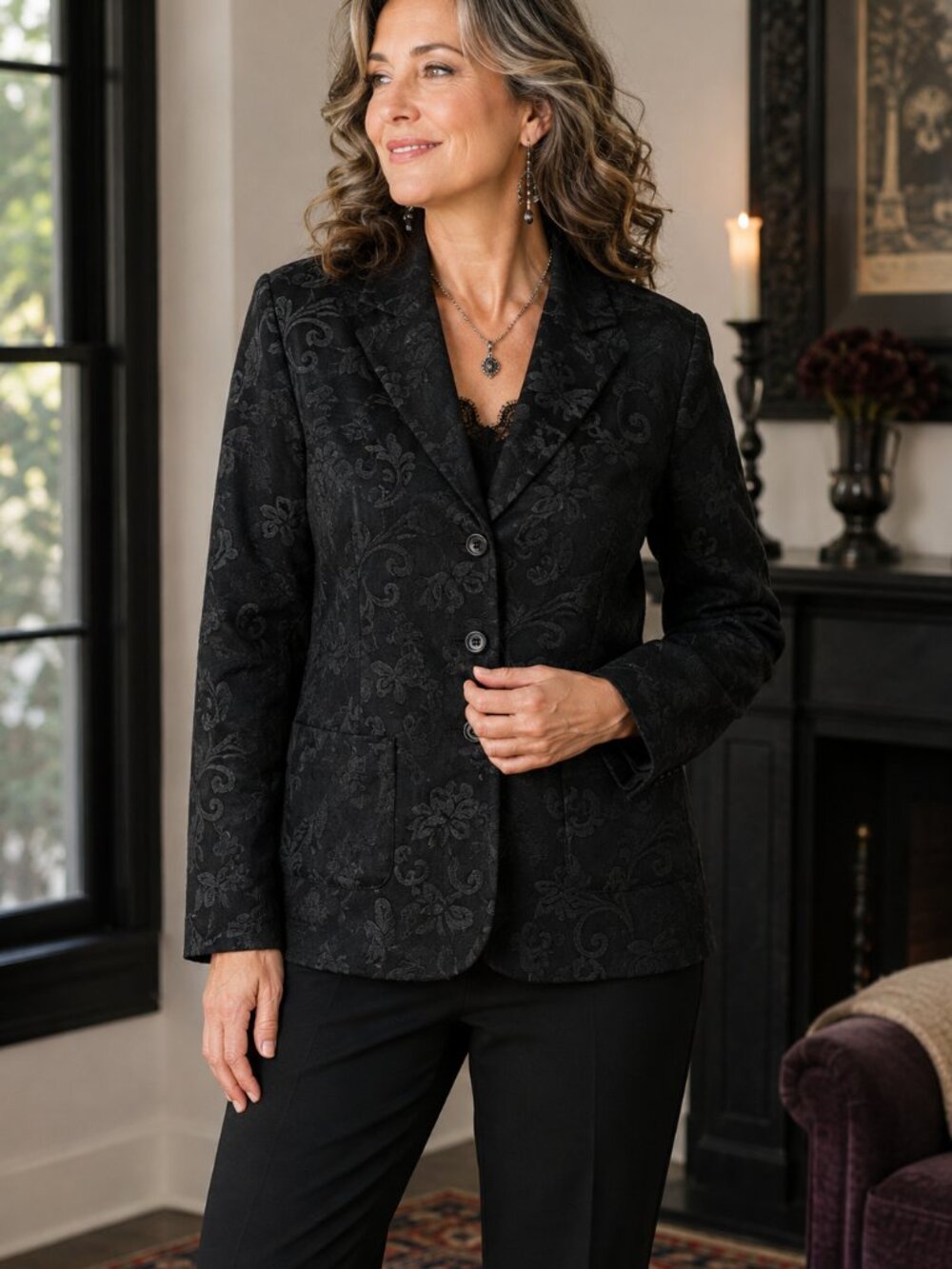 Coldwater Creek Black Floral Jacquard Blazer Jacket Medium Lined Textured Career